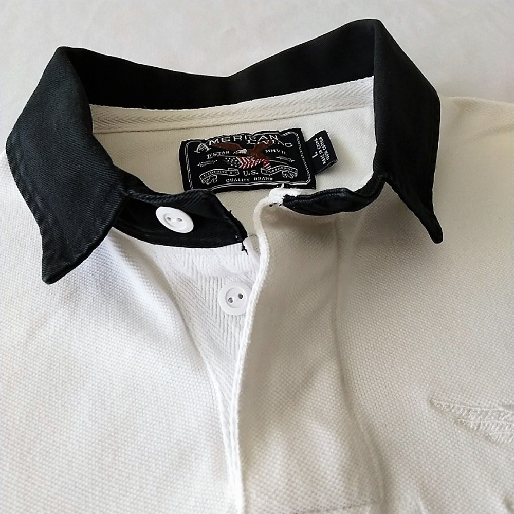 American Living White Polo with Black Rugby Collar - Picture 3 of 4